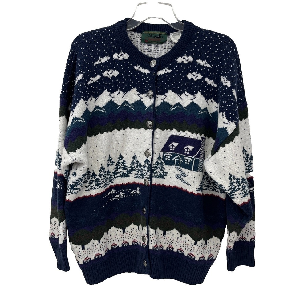 VTG Northern Reflections Women's Cardigan Size L Cabin Trees Snow Cottagecore